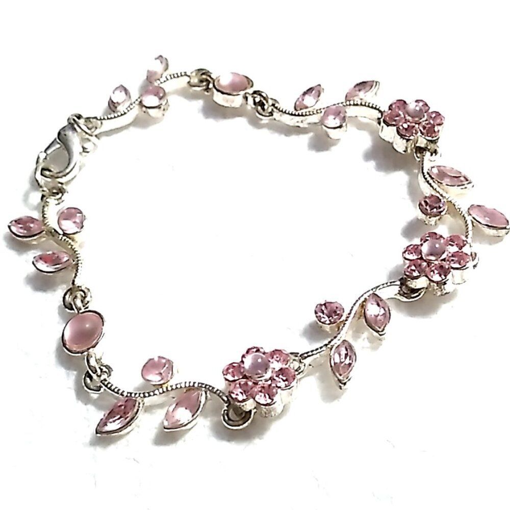 Dainty Pink Crystal Flower Vine Silver-tone Bracelet